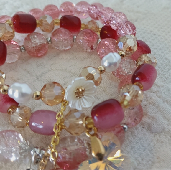 Elegant Pink Gold Beaded Charm Bracelet Set Crystal Pearl Swan Butterfly Girly - Picture 4 of 9